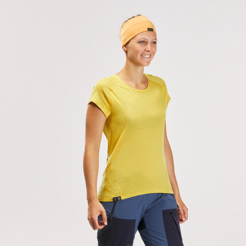 Camiseta de montaña y trekking manga corta lana merino Mujer MT500 amarillo