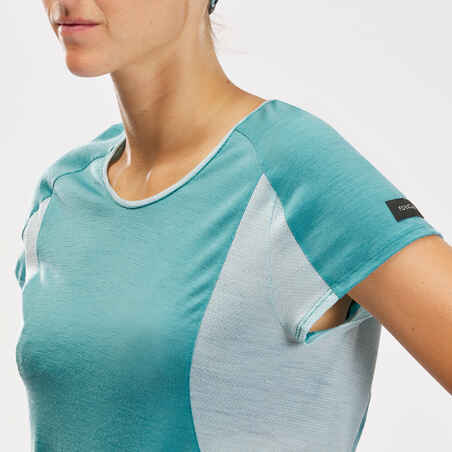 Women’s merino wool short-sleeved trekking T-shirt - MT500 turquoise