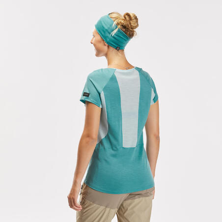 Kortärmad tröja för vandring i merinoull – MT500 turkos – Dam