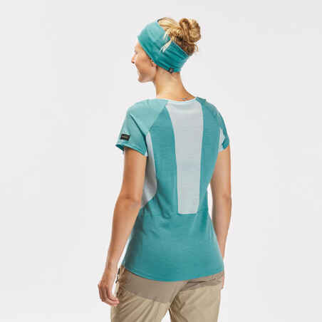 Women’s merino wool short-sleeved trekking T-shirt - MT500 turquoise