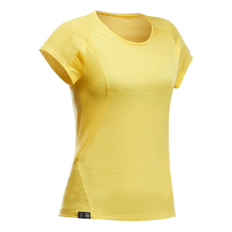 T-shirt de trek manches courtes en laine mérinos - MT500 jaune - Femme
