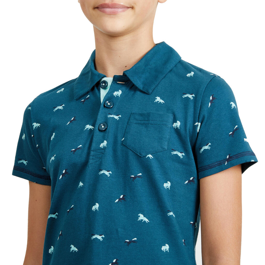 Girls' Short-Sleeved Horse Riding Polo Shirt 140 Pony - Petrol Blue/Turquoise