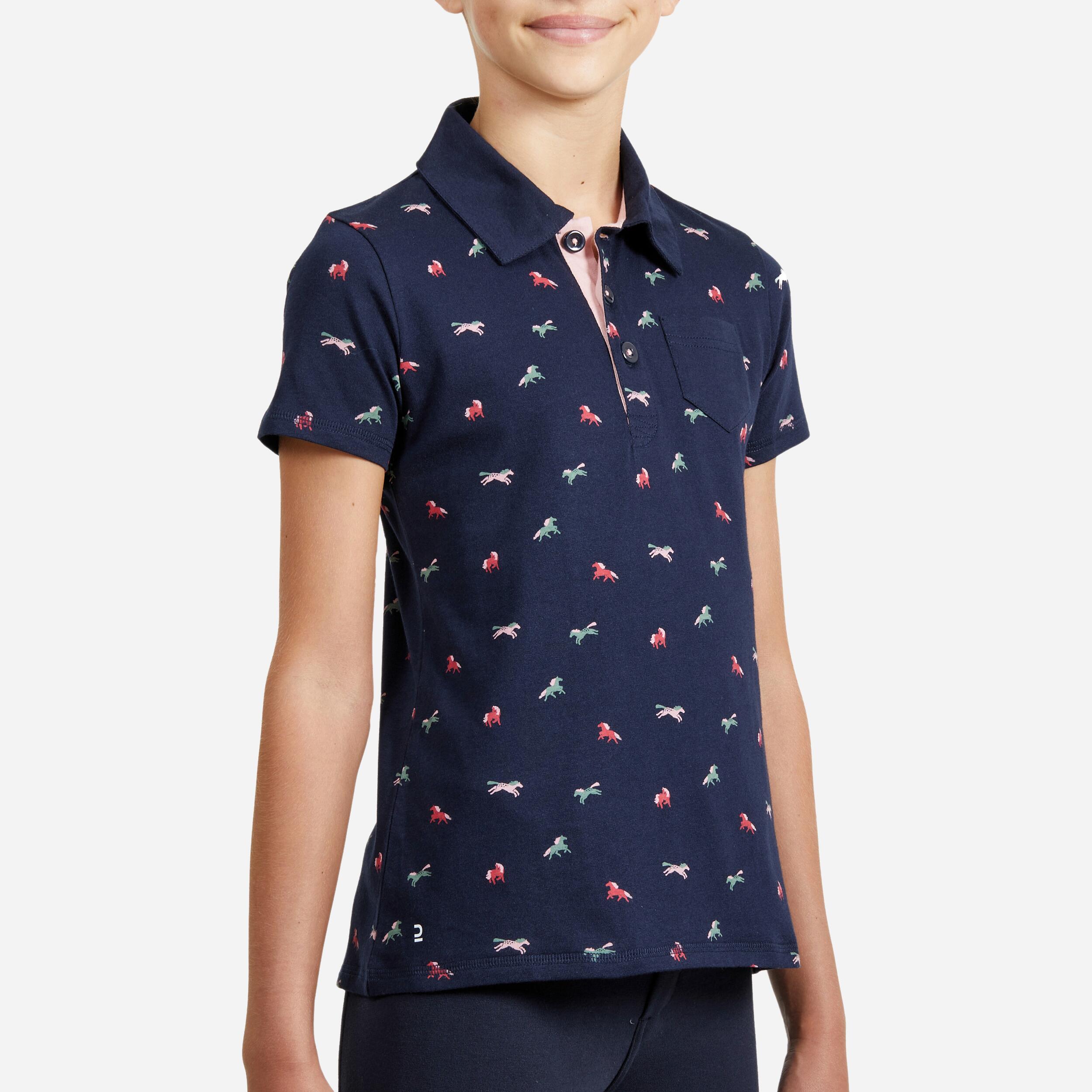 Girls' Horse Riding Short-Sleeved Polo Shirt 140 - Navy - FOUGANZA