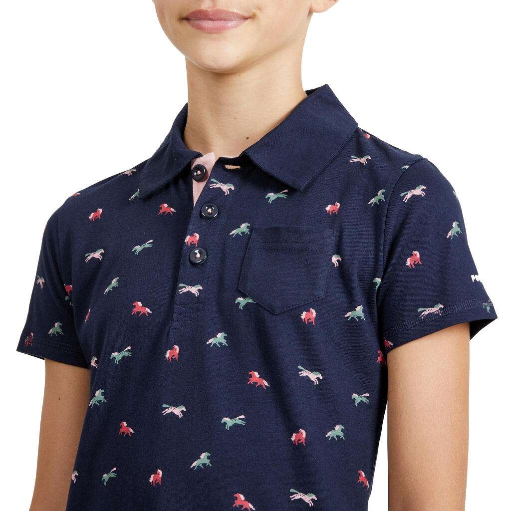 Girls' Short-Sleeved Horse Riding Polo 140 Pony - Navy/Pink and Khaki Motifs