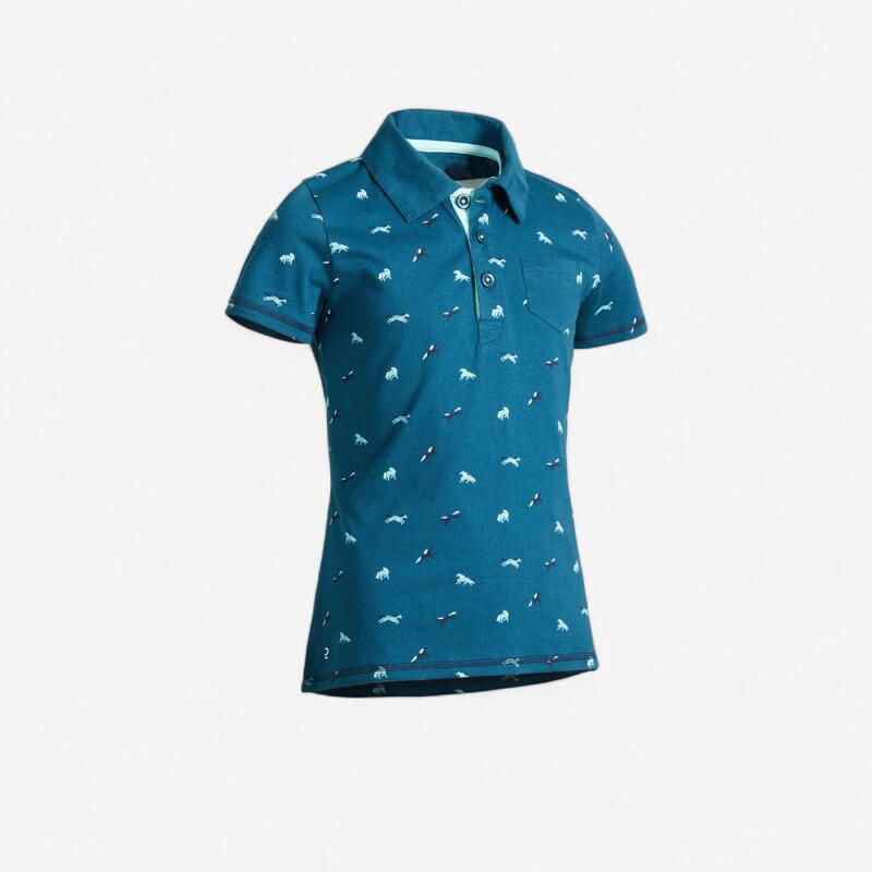 Polo manches courtes équitation fille 140 PONY bleu pétrole motifs turquoise