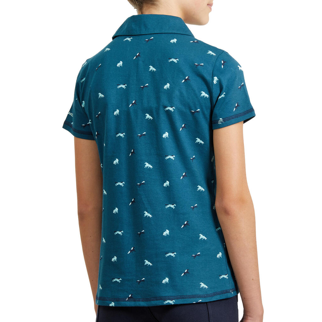 Girls' Short-Sleeved Horse Riding Polo Shirt 140 Pony - Petrol Blue/Turquoise