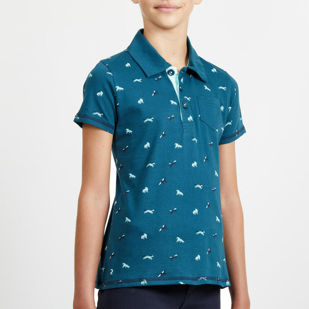 Girls' Short-Sleeved Horse Riding Polo Shirt 140 Pony - Petrol Blue/Turquoise