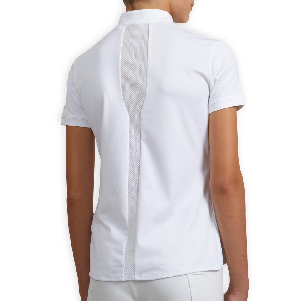 Mergaičių trumparankoviai jojimo varžybų polo marškinėliai „500“, balti