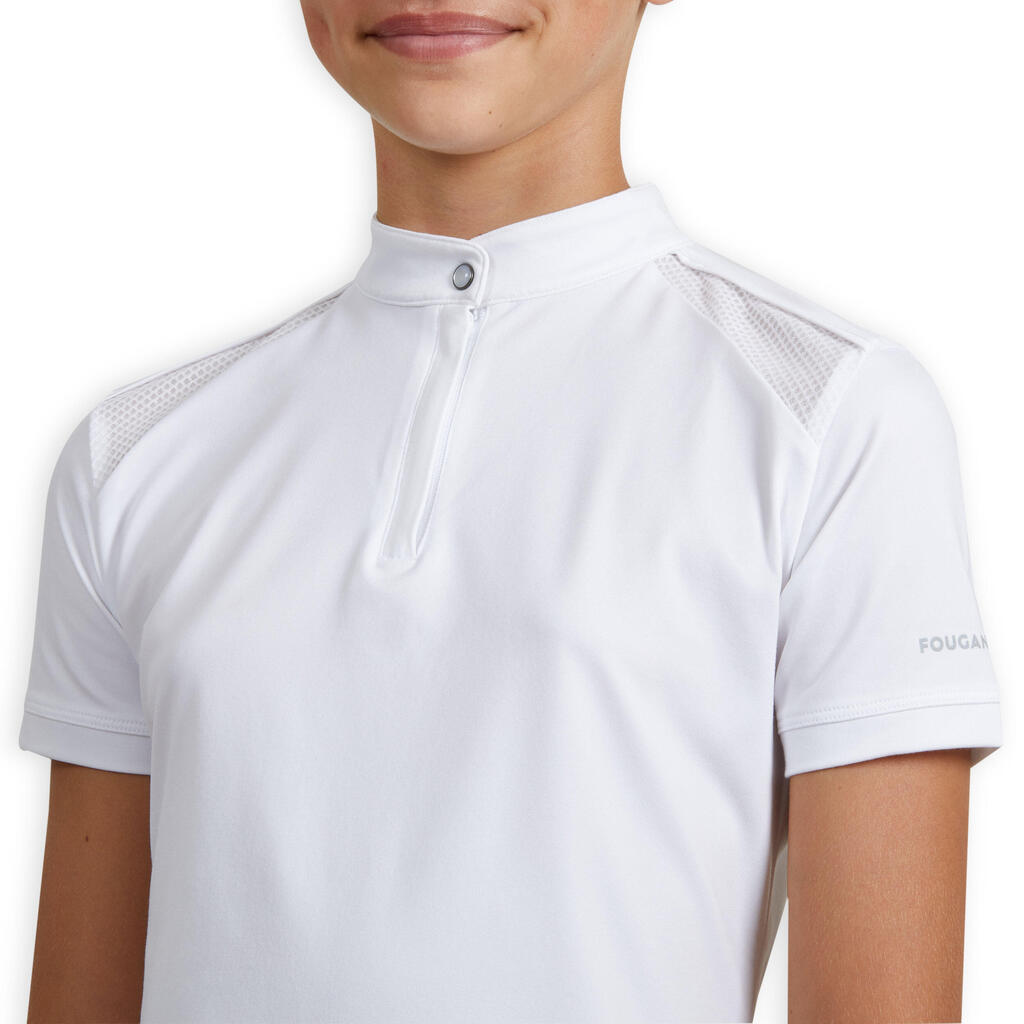 Dievčenské jazdecké tričko 500 na súťaže s krátkym rukávom biele