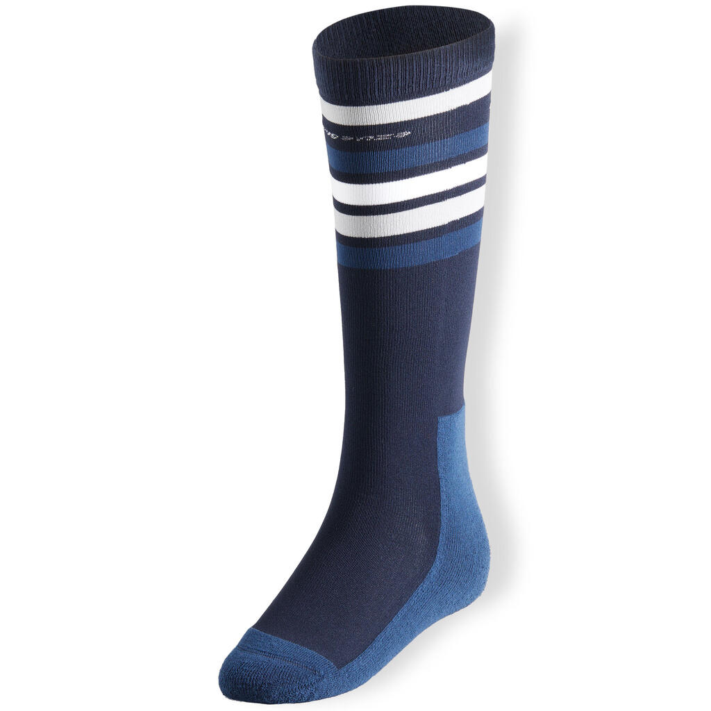 Chaussettes équitation enfant SKS100 marine et bleu nuit/rayures blanches.