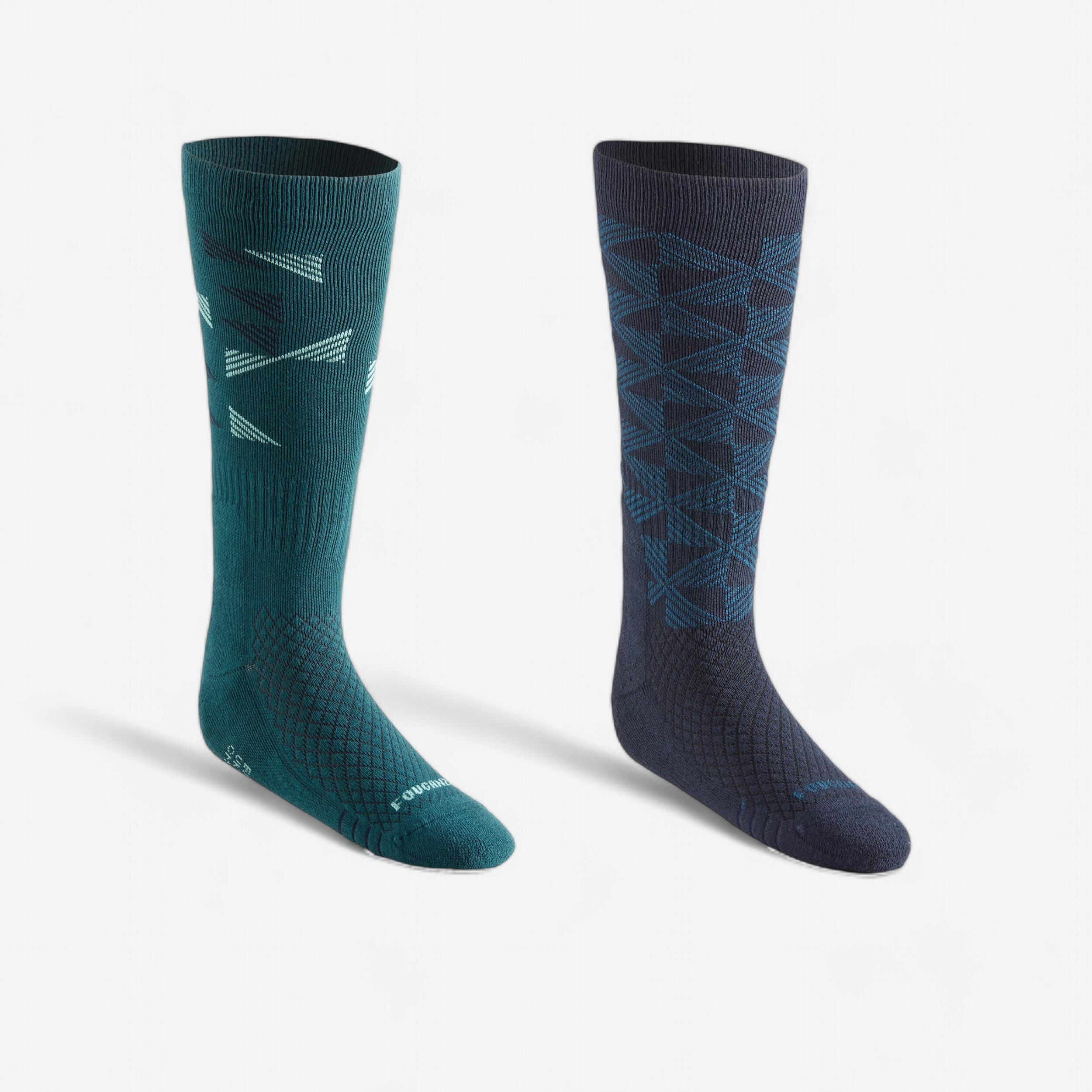 FOUGANZA Adult Horse Riding Socks 500 Twin-Pack - Petrol Green/Navy Diamond