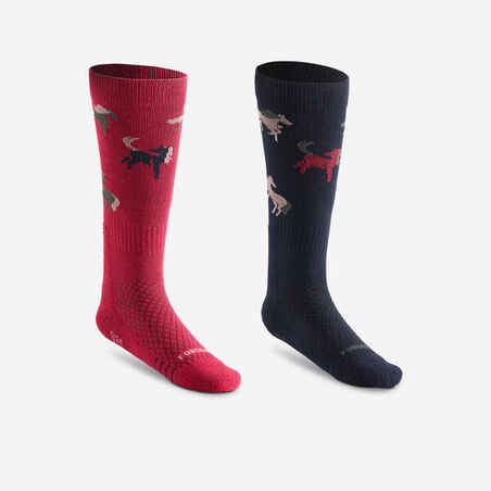 Chaussettes d'équitation enfant SKS 500 motifs poneys marine et rose.