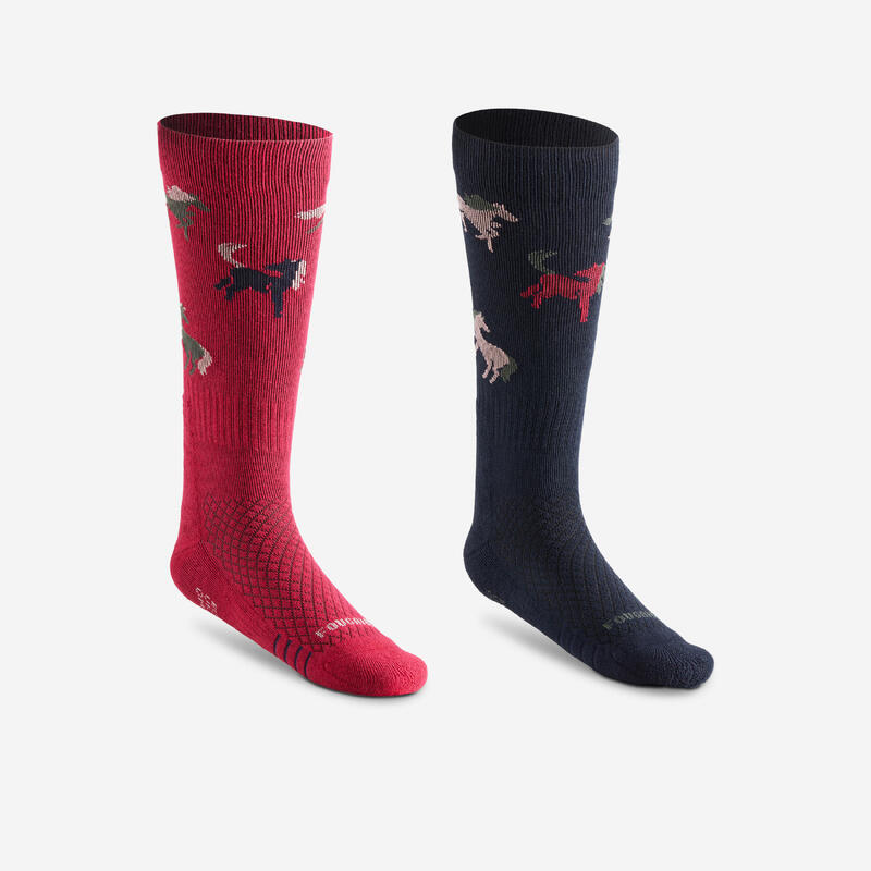 Chaussettes d'équitation enfant SKS 500 motifs poneys marine et rose. Lot de 2