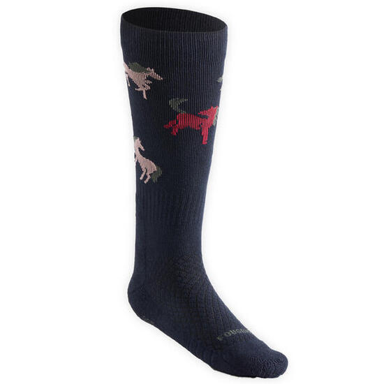 Chaussettes d'équitation enfant sks 500 motifs poneys marine et rose.
lot de 2