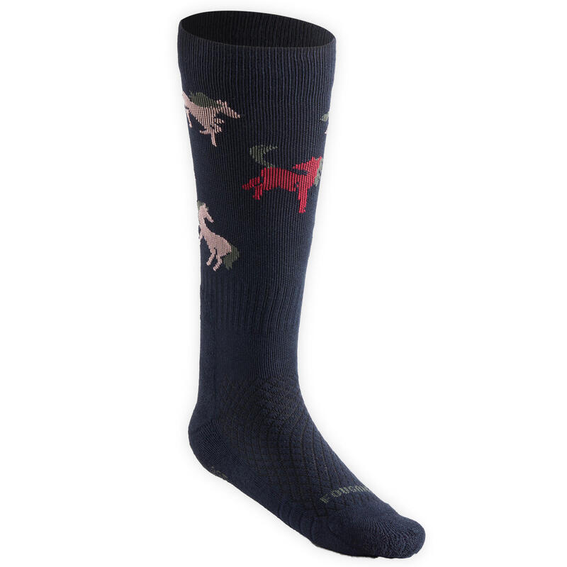 Chaussettes d'équitation enfant SKS 500 motifs poneys marine et rose. Lot de 2