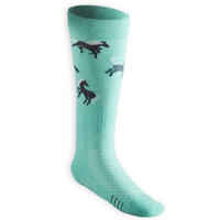 Kids' Horse Riding Socks SKS 500 - Green/Turquoise Ponies PatternsPack of 2