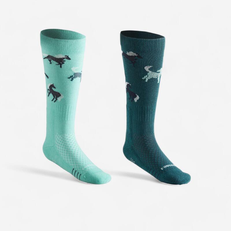 Chaussettes d'équitation enfant sks 500 motifs sarcelle vert.
lot de 2