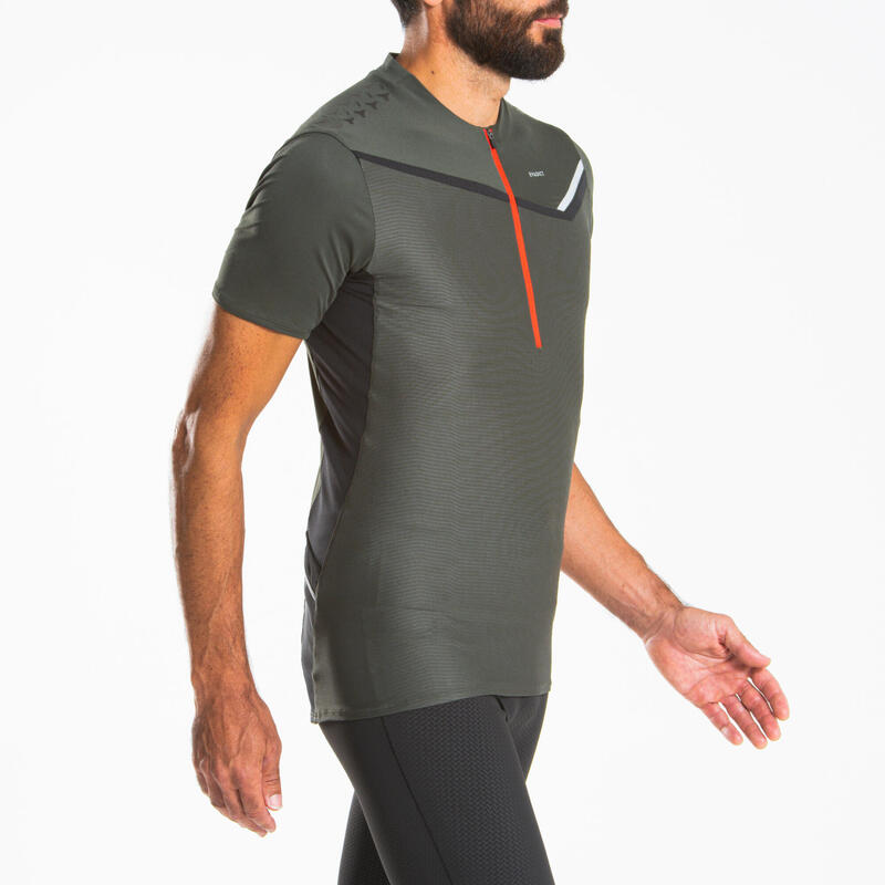 TEE SHIRT DE TRAIL RUNNING MANCHES COURTES ZIP HOMME KAKHI