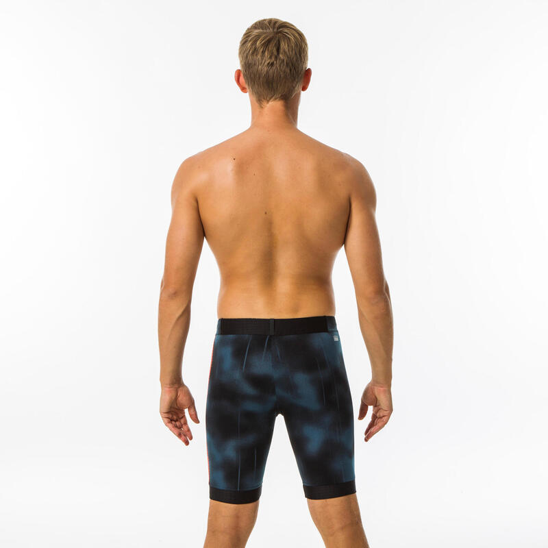 男款及膝泳褲FITI - 黑藍底／橘色側邊條紋