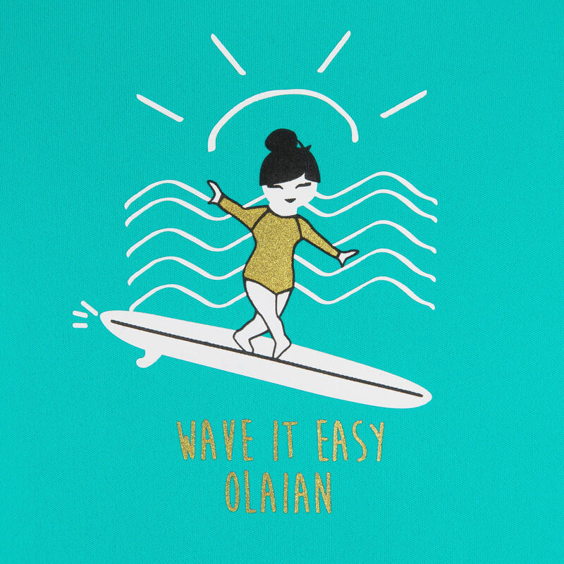 Çocuk UV Korumalı Sörf Tişörtü - Yeşil/Turkuaz/Desenli - 100
