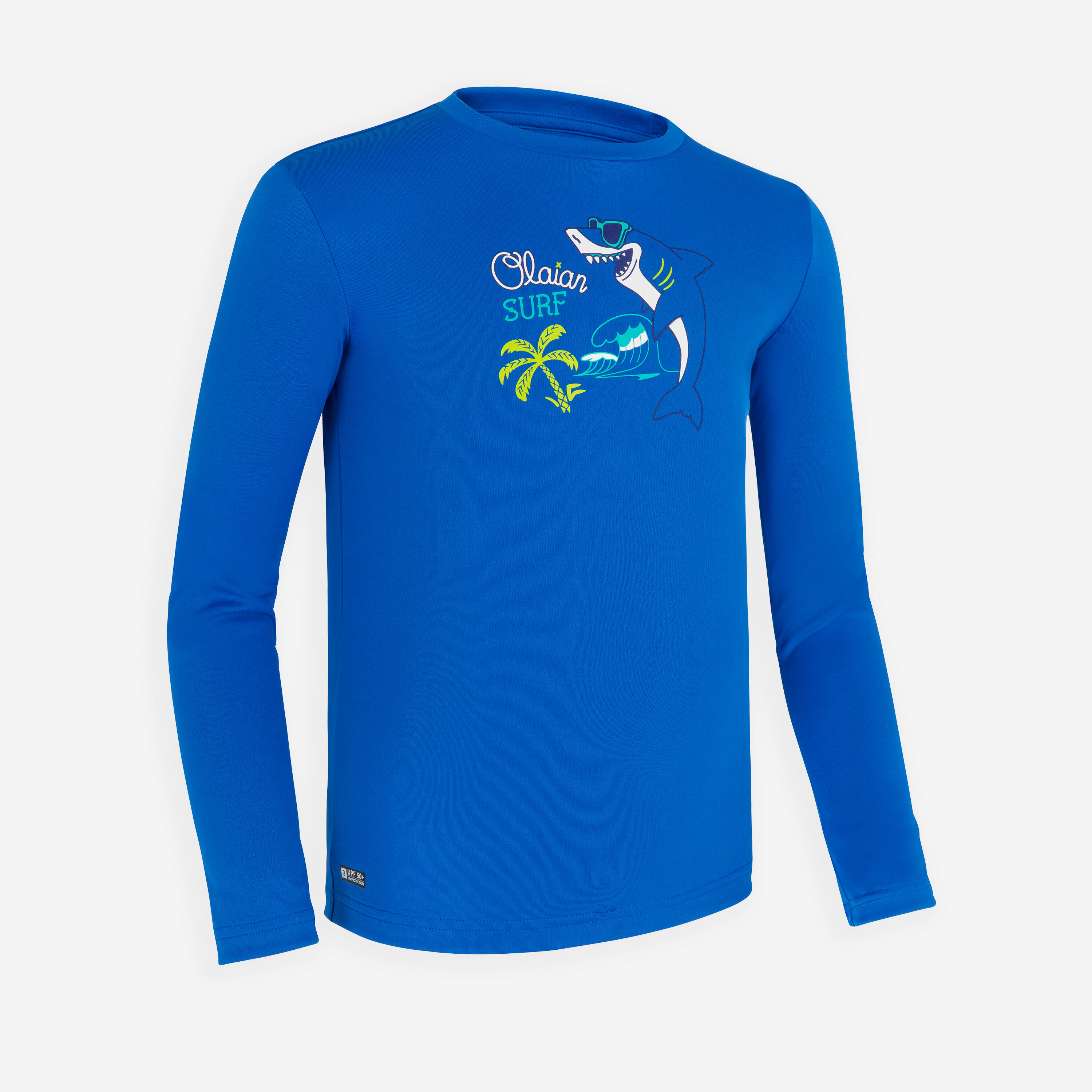 kids’ surfing anti-UV long-sleeved printed water T-shirt - blue