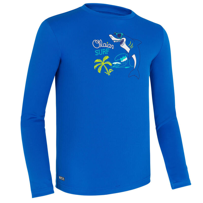 Camiseta Protección Solar Surf Niños Olaian Azul Estampado Manga Larga
