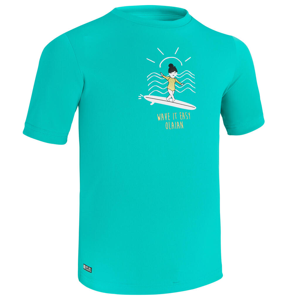 water tee shirt anti UV surf enfant vert turquoise imprimé