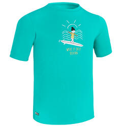 Uv-werend zwemshirt met korte mouwen voor kinderen turquoise met opdruk