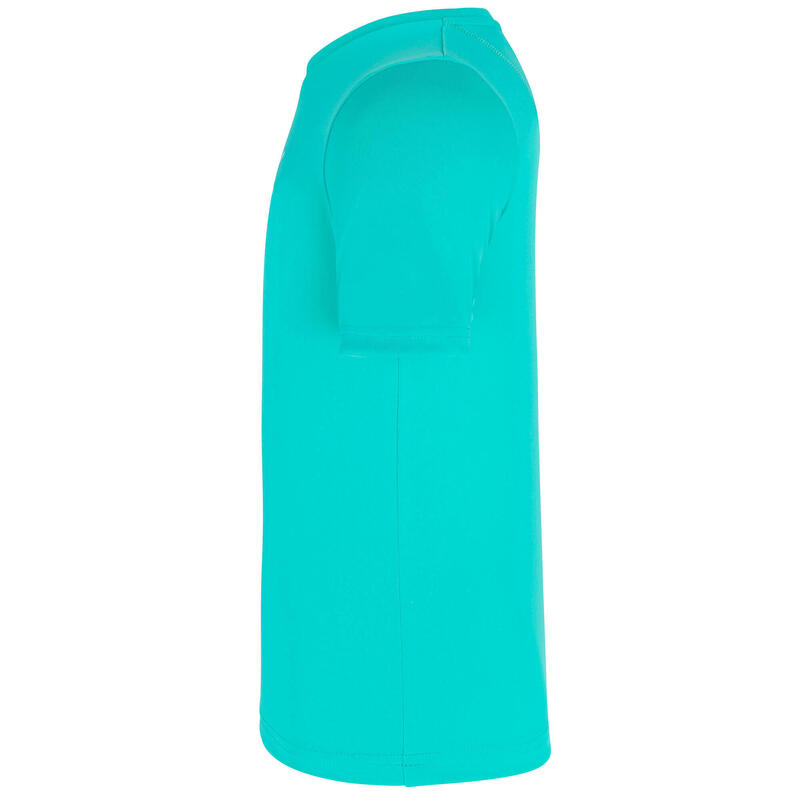 Uv-werend zwemshirt met korte mouwen voor kinderen turquoise met opdruk