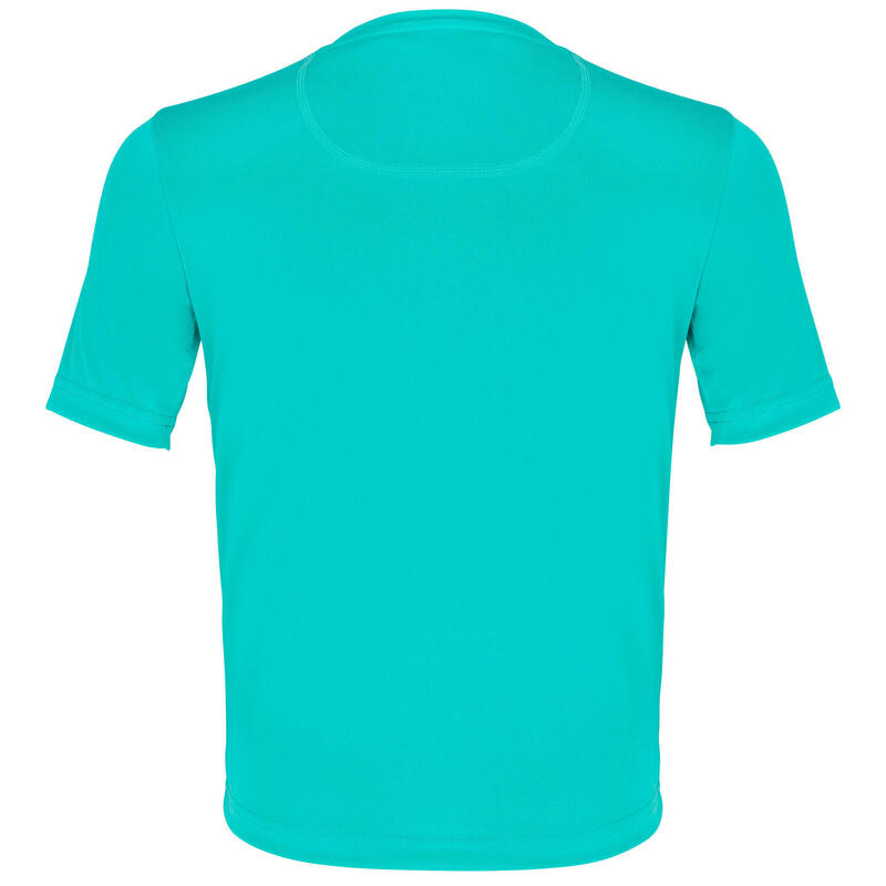 Uv-werend zwemshirt met korte mouwen voor kinderen turquoise met opdruk