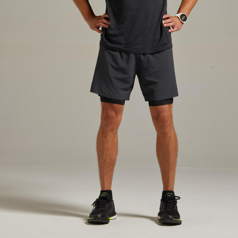 Laufshorts Tights 2-in-1 Kiprun Herren grau/schwarz