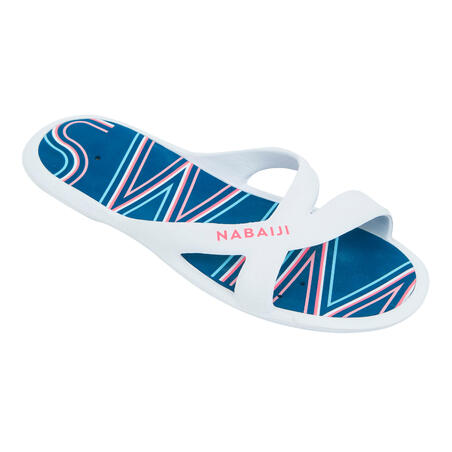 Sandales De Piscine Femme - Slap 500 Print - Swim Blanc Bleu