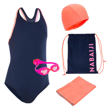 Kit natation fille 100 START : maillot de bain, lunettes, bonnet, serviette, sac