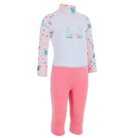Rožnata plavalna obleka z UV-zaščito z dolgimi rokavi s potiskom za malčke