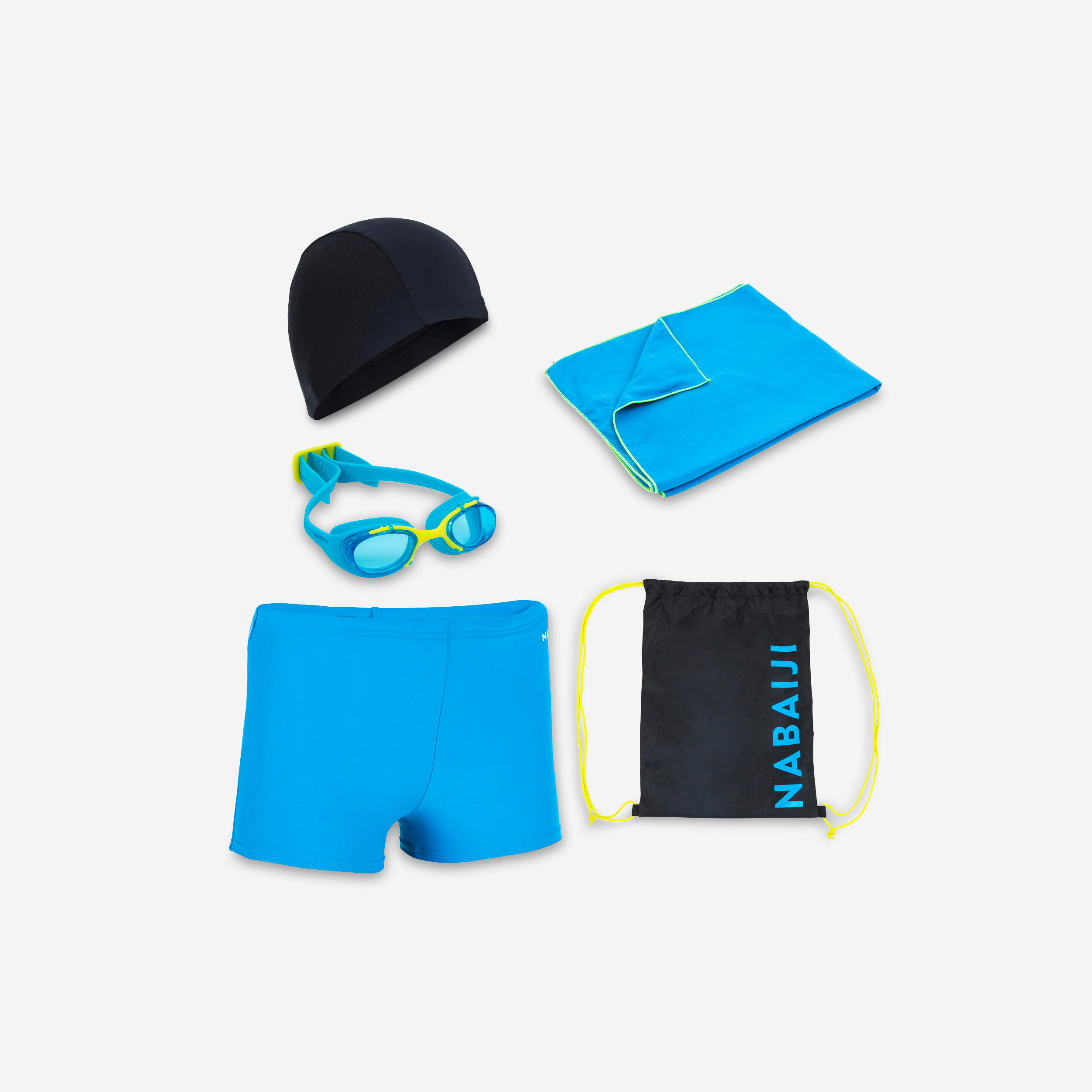 NABAIJI START 100 BOY'S SWIMMING SET - BLUE/NAVY BLUE (BAG, CAP, BOXERS, GOGGLES, TOWEL)