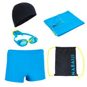 Kit Natación Niño Nabaiji con gorro, gafas, bañador, toalla y bolsa, Azul/Negro