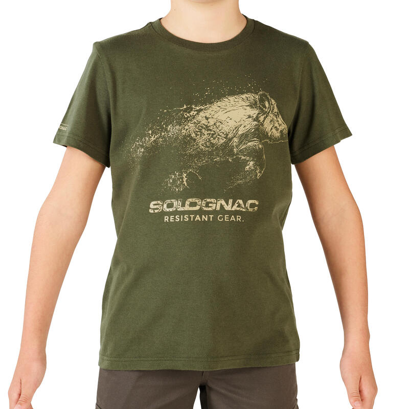 Camiseta manga corta Niños Caza Solognac 100 Algodón Jabalí Verde