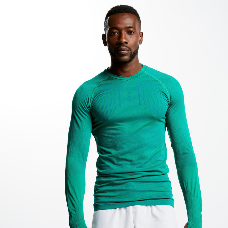 Camiseta térmica de fútbol manga larga Adulto Kipsta Keepdry 500 verde