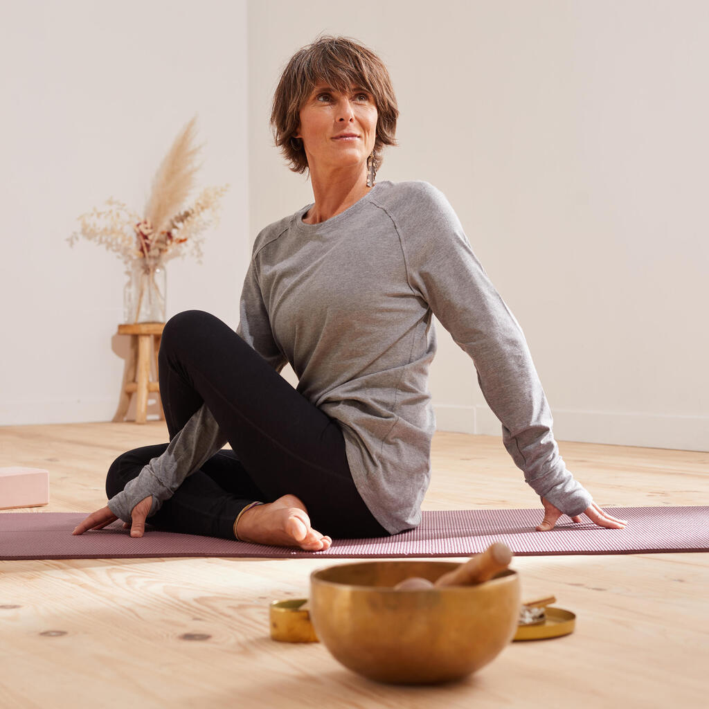 T-shirt manches longues yoga doux en coton, gris