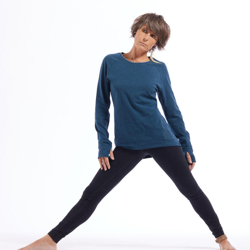 T-SHIRT MANCHES LONGUES YOGA DOUX COTON ISSU DE L'AGRICULTURE BIOLOGIQUE BLEU