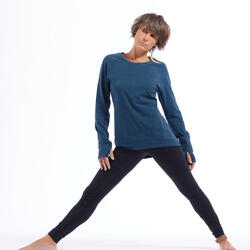 T-shirt maniche lunghe donna yoga cotone bio blu con ricamo