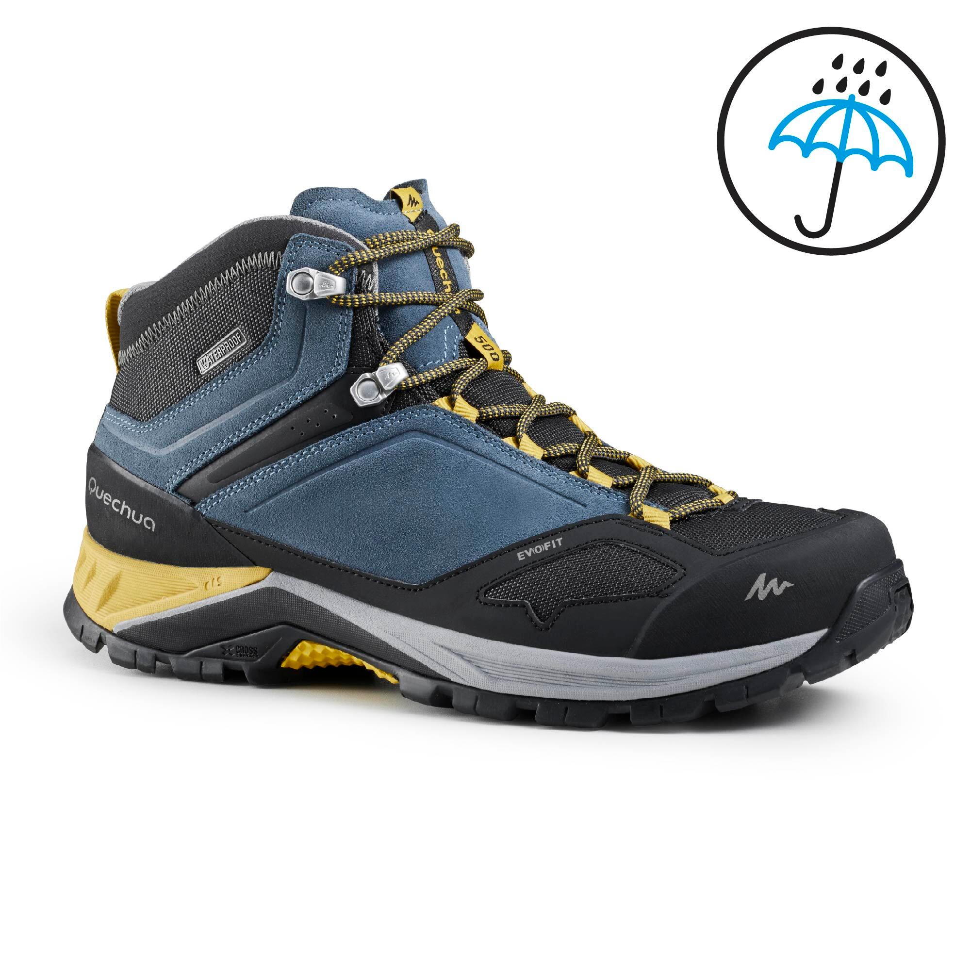 Men's waterproof mountain walking shoes - MH500 Mid - Blue/Yellow 3/4