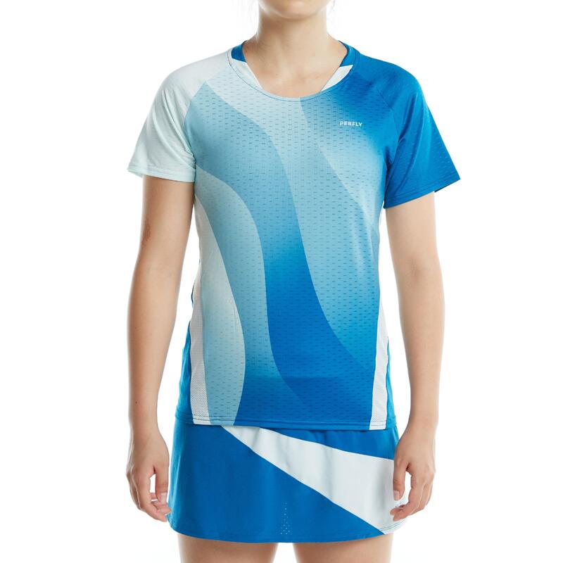 Camiseta de bádmiton manga corta transpirable Mujer Perfly 560 azul blanco