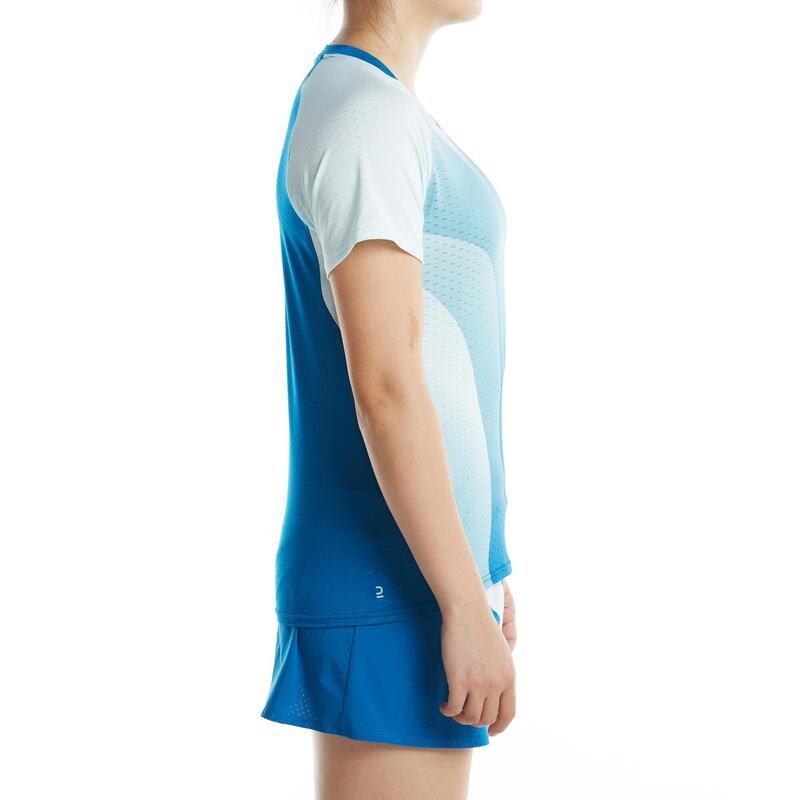 Camiseta de bádmiton manga corta transpirable Mujer Perfly 560 azul blanco