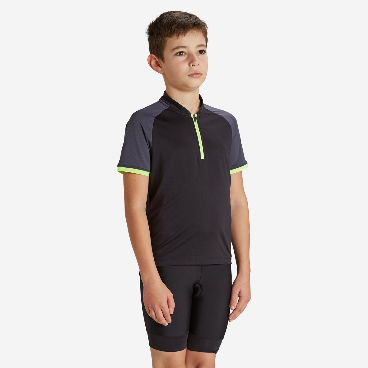 Maillot manches courtes vélo enfant 500 noir et jaune 7-11 ans