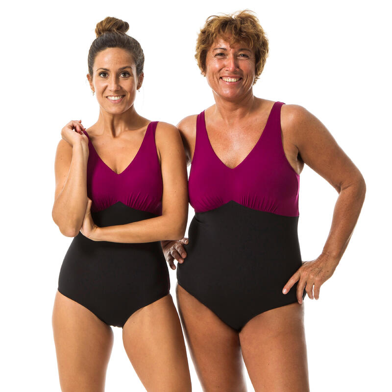 Bañador Tallas Grandes Escote V Aquagym Mujer Nabaiji Negro Burdeos Romi