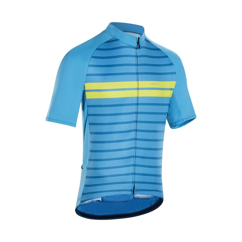 MAILLOT MANCHES COURTES TPS CHAUD VELO ROUTE HOMME RC100 MARINIERE BLEU JAUNE