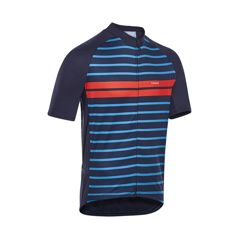 Men's Short-Sleeved Warm Weather Road Cycling Jersey RC100 Marinière/Navy/Orange