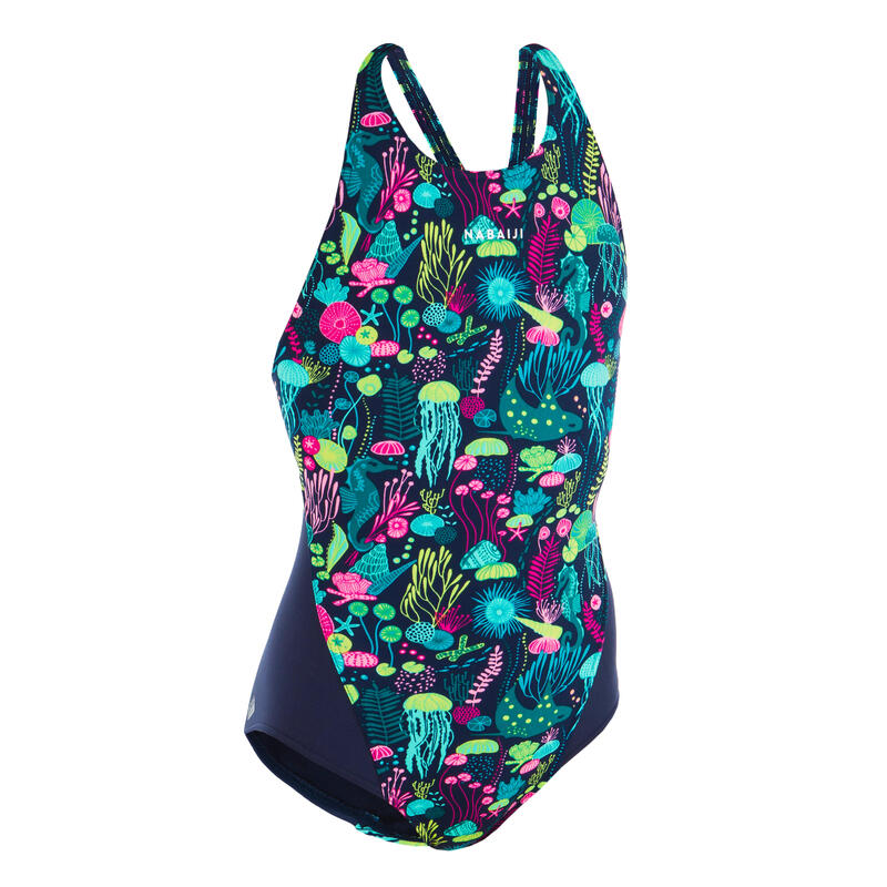 Girls One Piece Swimsuit Kamyleon Print Fire Nabaiji Decathlon