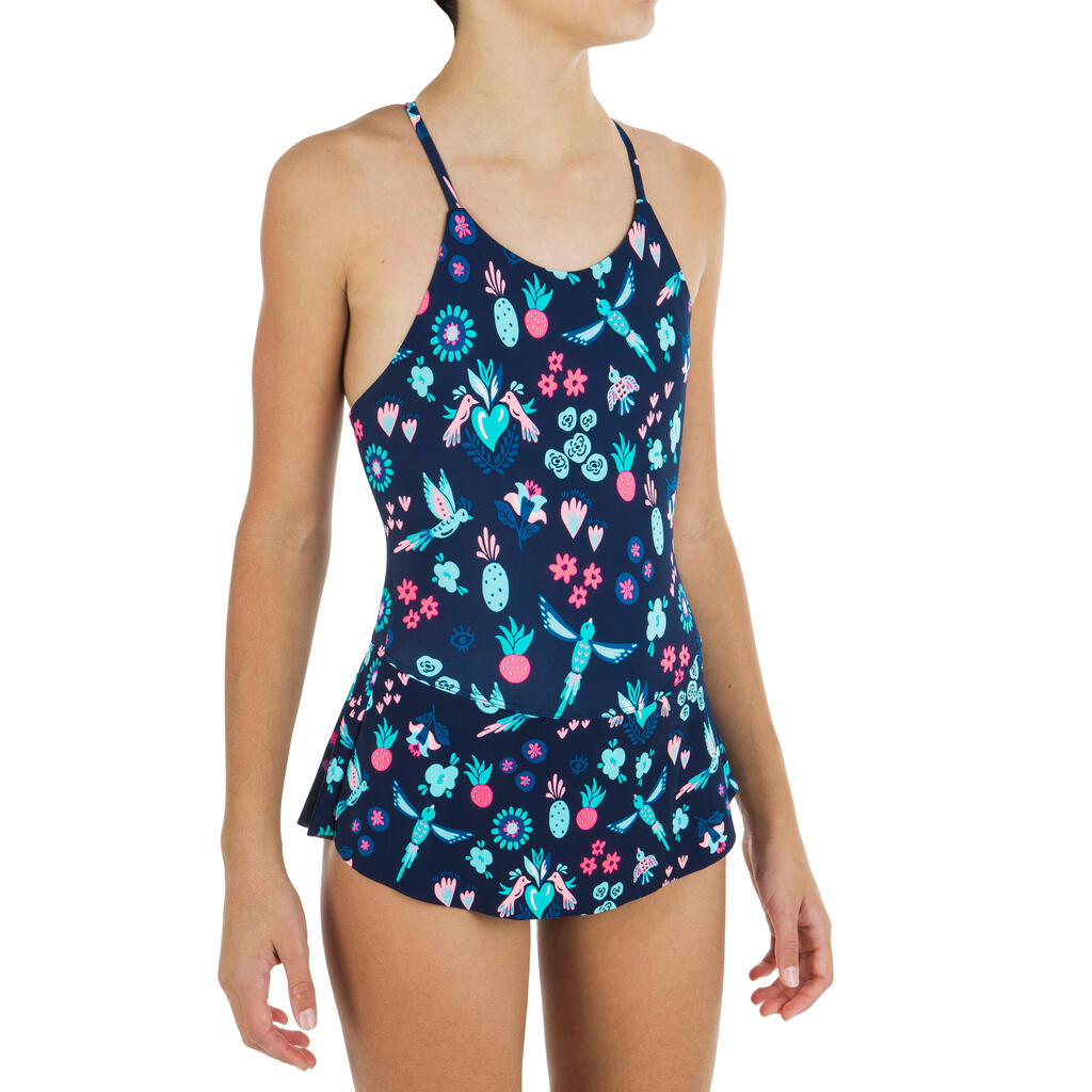 Lila Navy 100 Girls Swimming One-Piece Swimsuit/Skirt - Lily navy